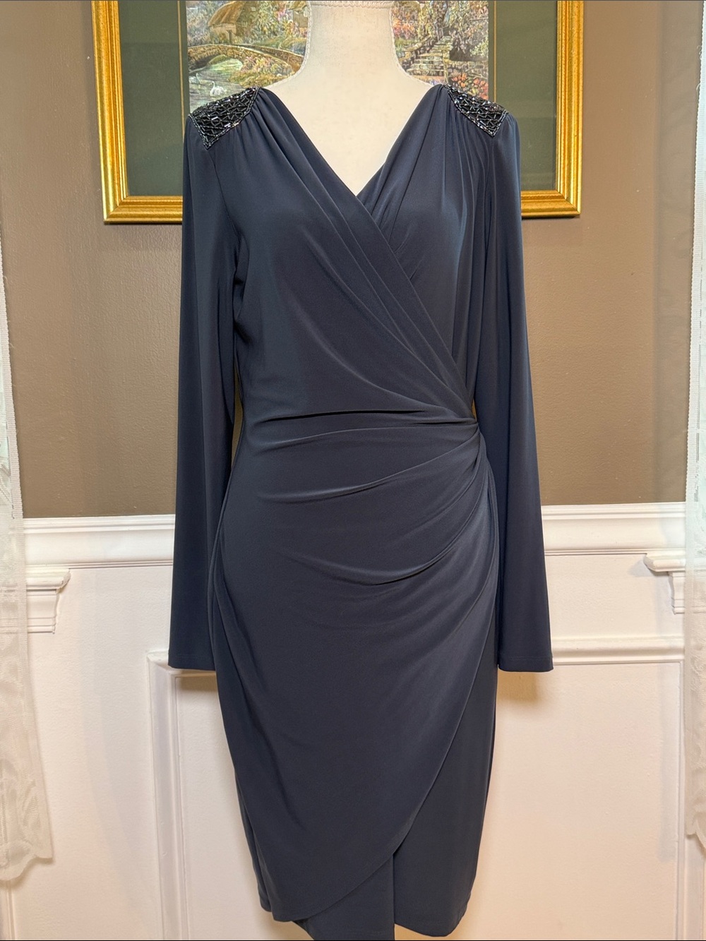 Cache Y2K Beaded Shoulder Faux Wrap Ruched Midi Dress L
